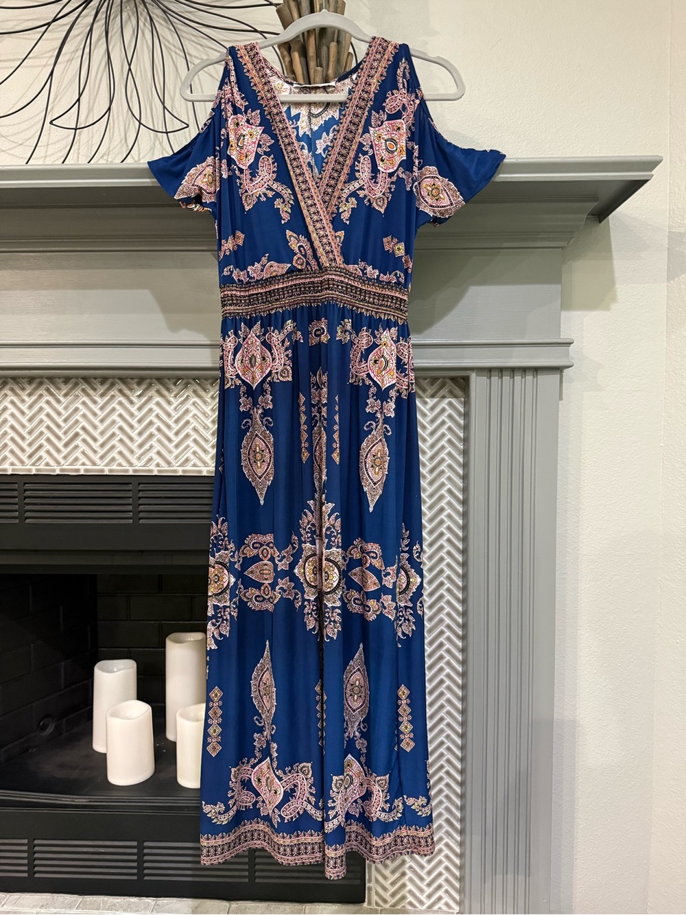 Cold-Shoulder Navy Paisley Maxi Dress